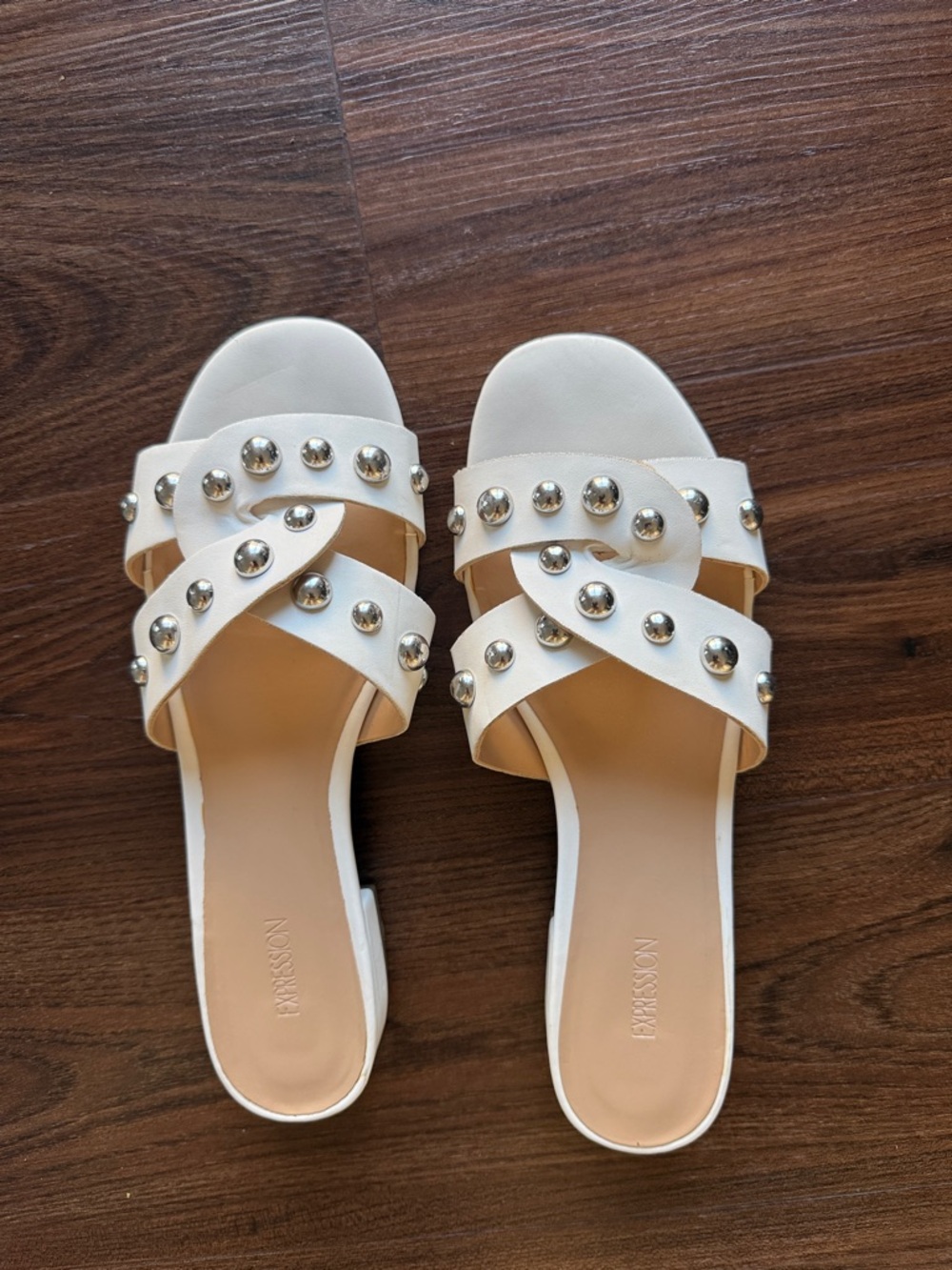 Expressions White Studded Slide Sandals